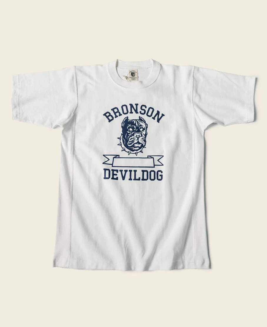 Bronson Men's White Devil-Dog Logo Reverse Weave T-Shirt