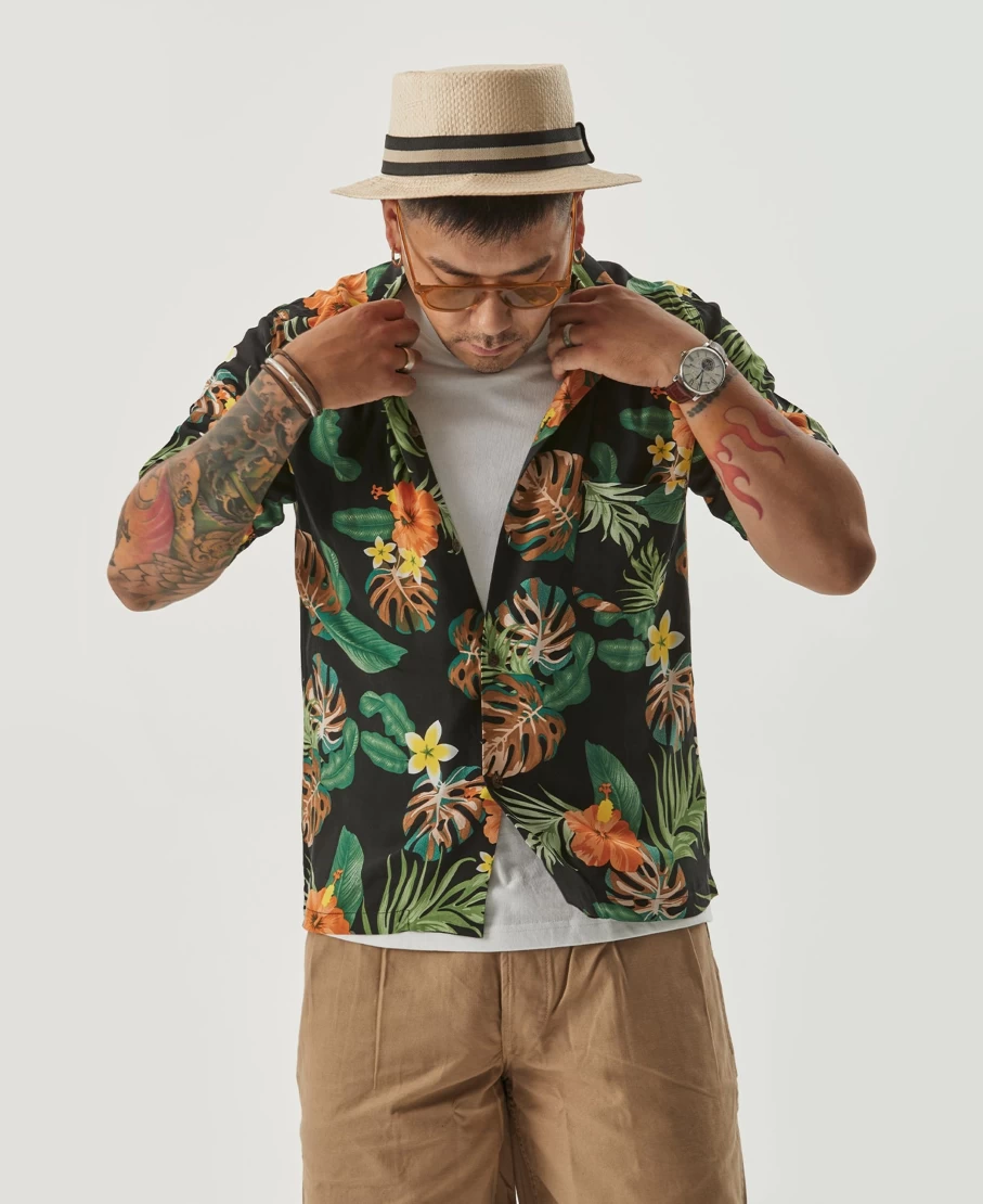 Bronson Men's Black Aloha Shirt with Plants & Flowers Pattern